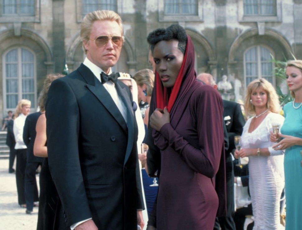 Scene from a View to a Kill with Christopher Walken and Grace Jones